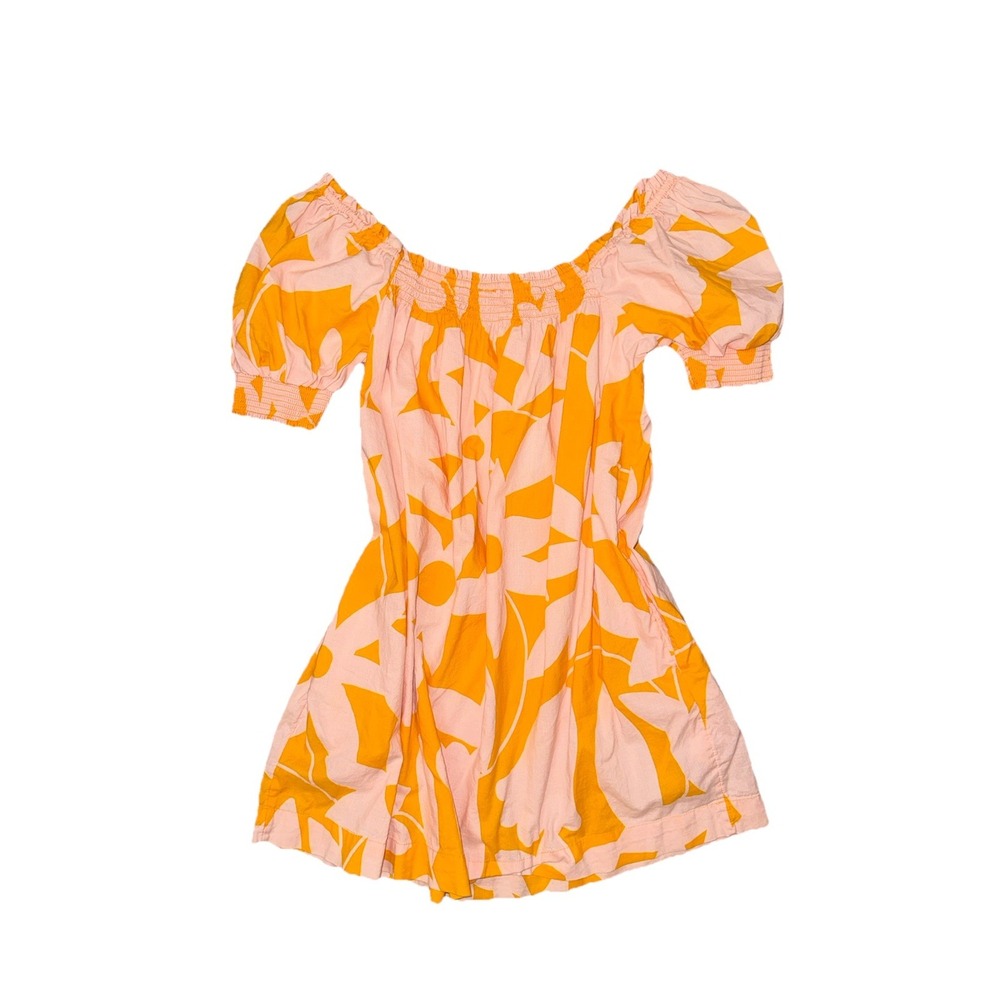 Free People Mila Printed Tangerine Pink Off The Shoulder Smock Mini Dress Sz M